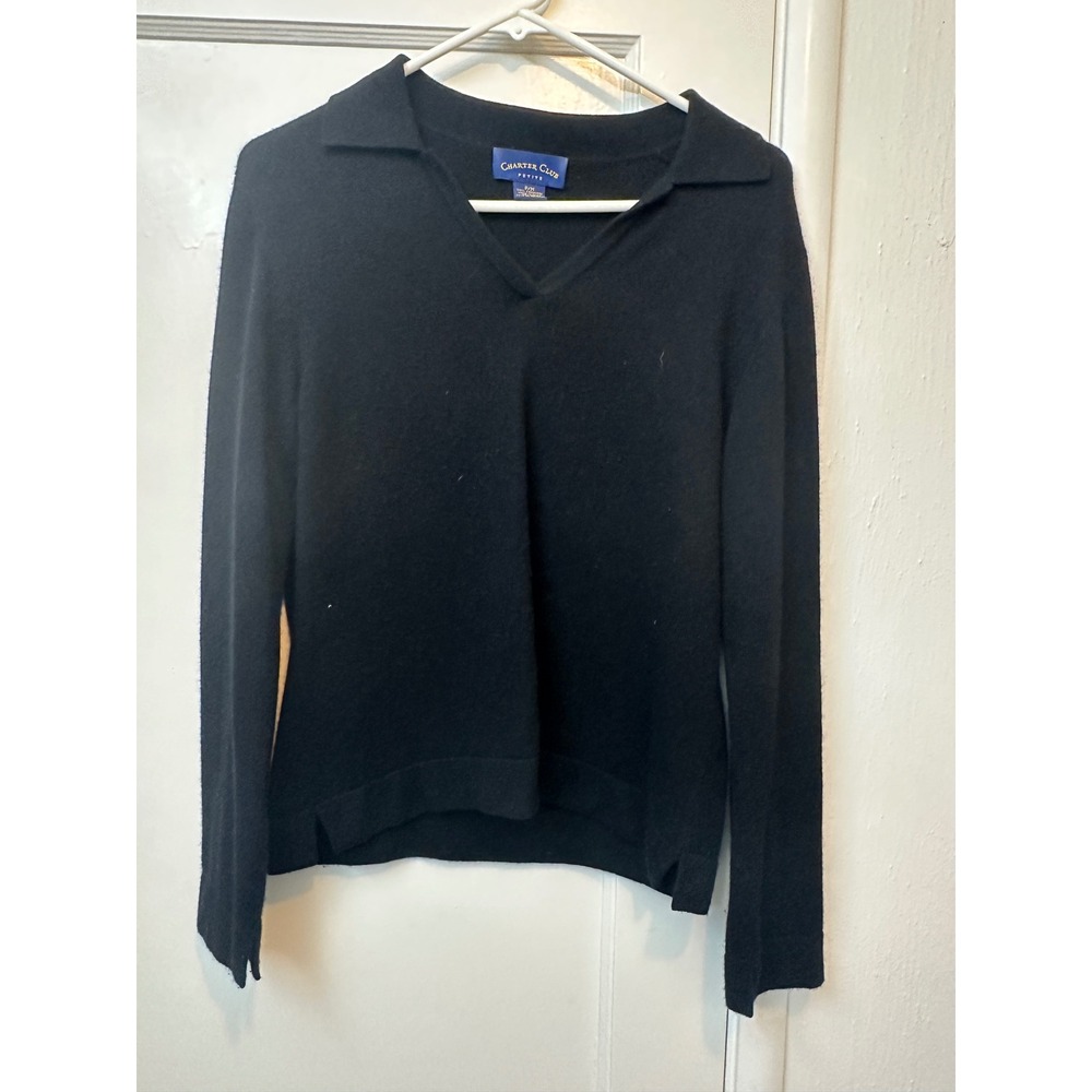 Charter Club Petite Black 100% Cashmere Polo Collar V-Neck Sweater‎ PM Long slv